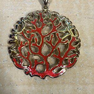 Vintage Lirm Sterling Silver Vermeil Red Enamel Coral Pendant Necklace